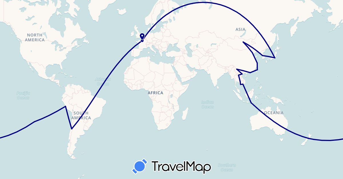 TravelMap itinerary: driving in Chile, China, France, Hong Kong, Indonesia, Japan, Cambodia, South Korea, Laos, Mongolia, New Zealand, Peru, Taiwan, Vietnam (Asia, Europe, Oceania, South America)